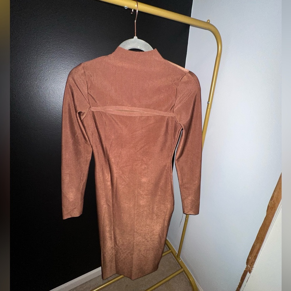 Brown Ribbed High Neck Fashion Nova Dress with cutout